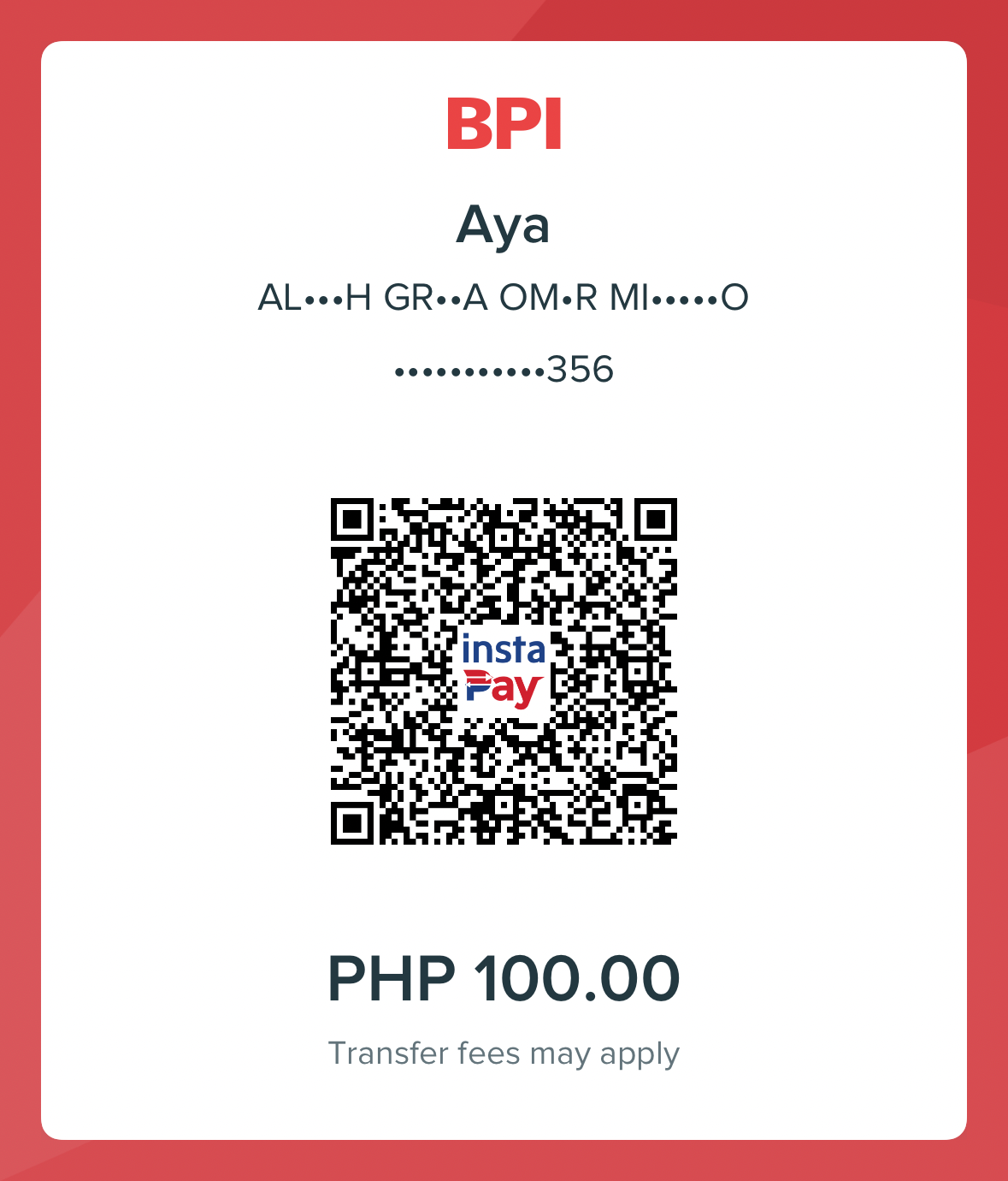 Aya’s BPI payment QR for 100 pesos. 
