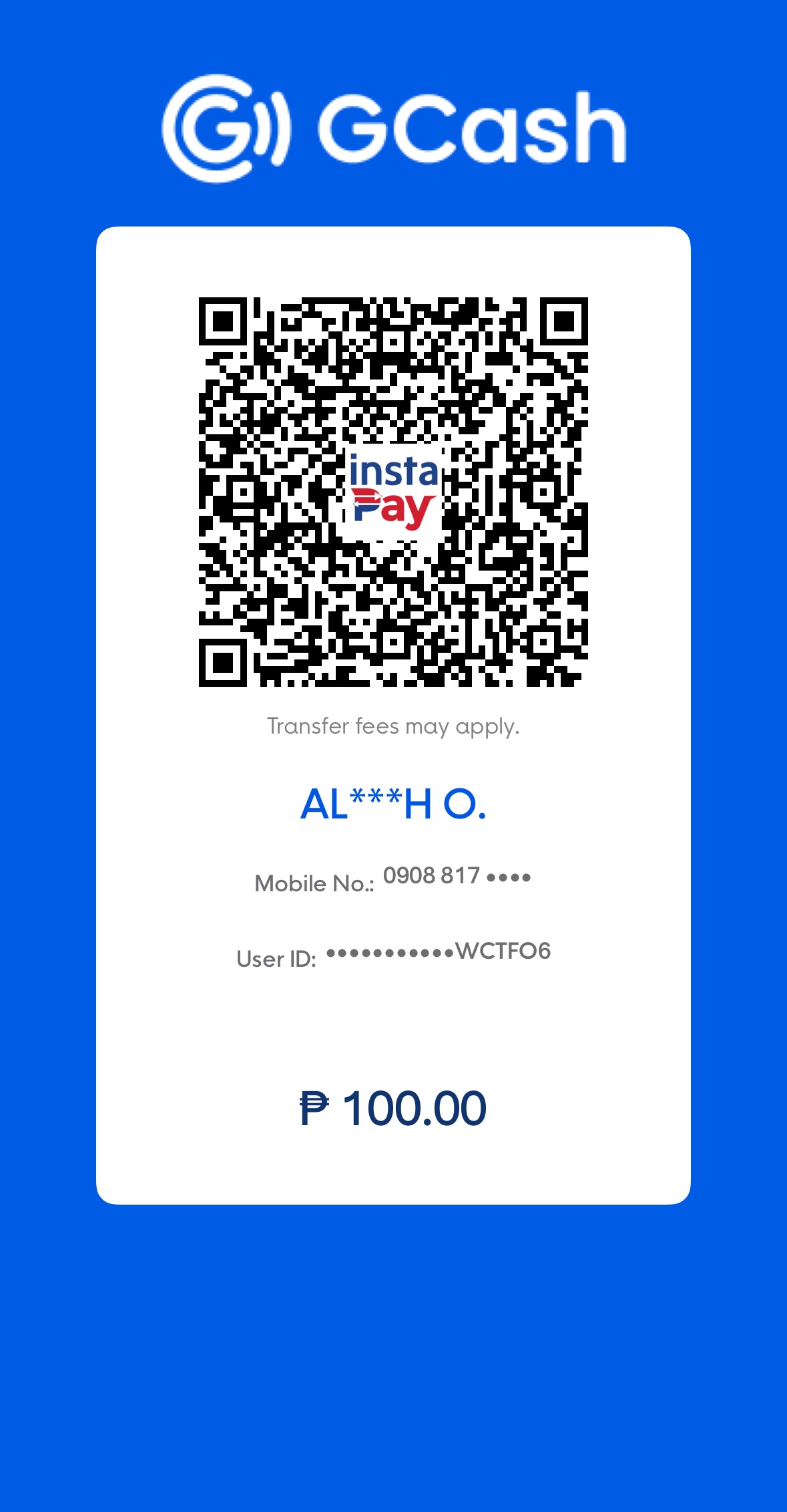Aya’s GCash payment QR for 100 pesos. 