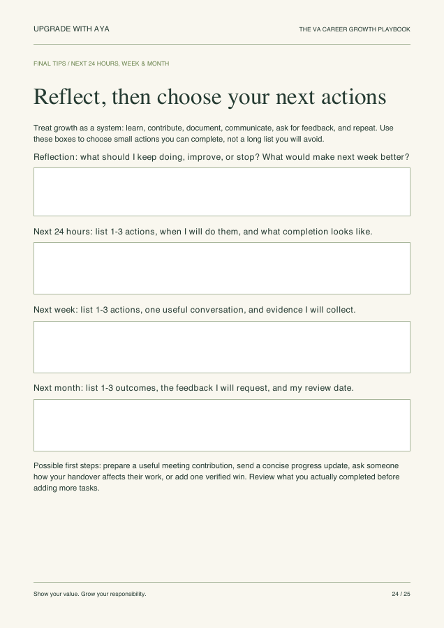 Actual reflection and action planning page from the playbook